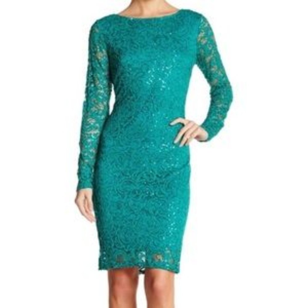 Emerald Green Lace Sparkle Long Sleeve Holiday Cocktail Party Dress Size…